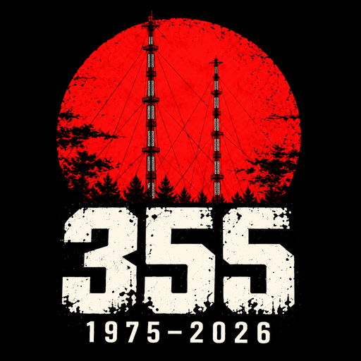 Dvojice vysílačů proti červenému kruhu. 355, 1975–2026.